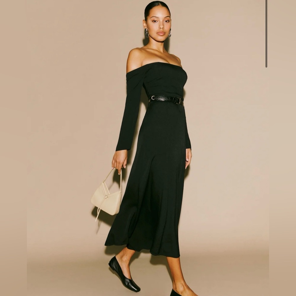 Reformation Ballari Black Off Shoulder Midi Dress Elegant Prom Size 4 NWT